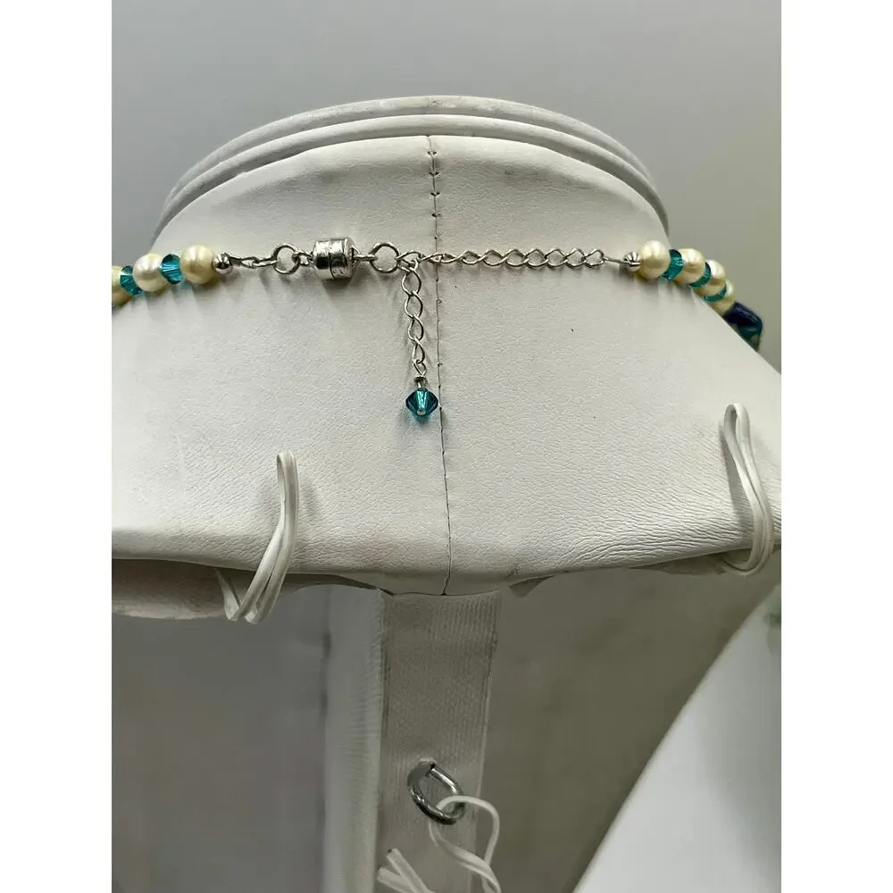 Murano Glass Necklace Sterling Silver Clasp Freshwater Pearls Blue Gold Van Gogh